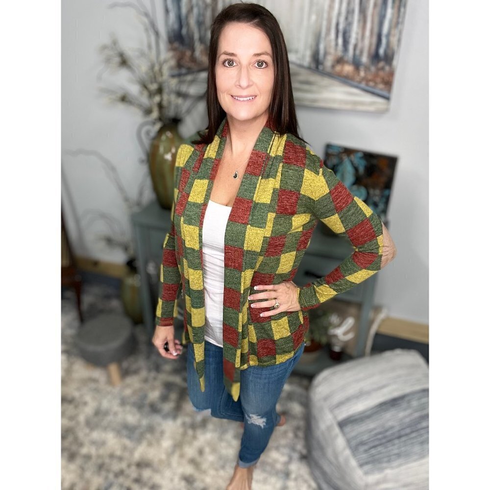 Plaid Asymmetrical Open Front Cardigan Sweater Suede Patch Elbow 3122